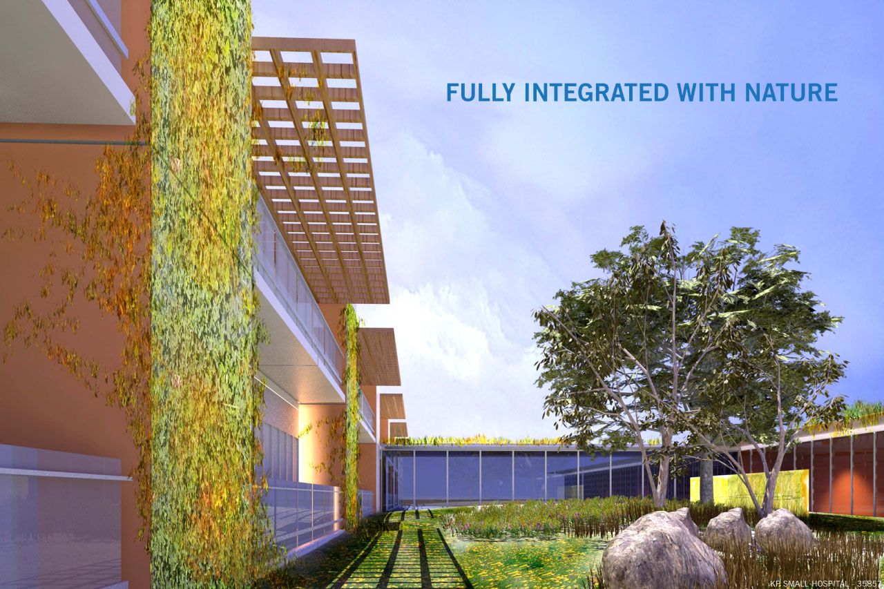 A hospital rendering showing integration with nature by Perkins+Will, a finalist in Kaiser Permanente's  Small Hospital, Big Idea competition.